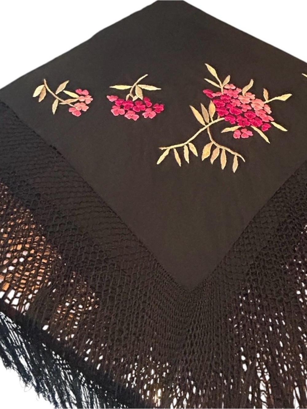 Vintage 1920-30s Black Silk Embroidered Piano Shawl with 21” Fringe - Picture 7 of 12